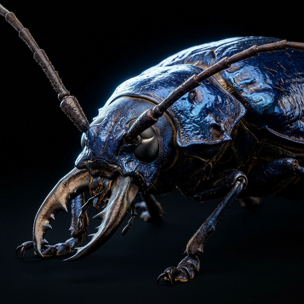 A luminous beetle in a shadowed forest