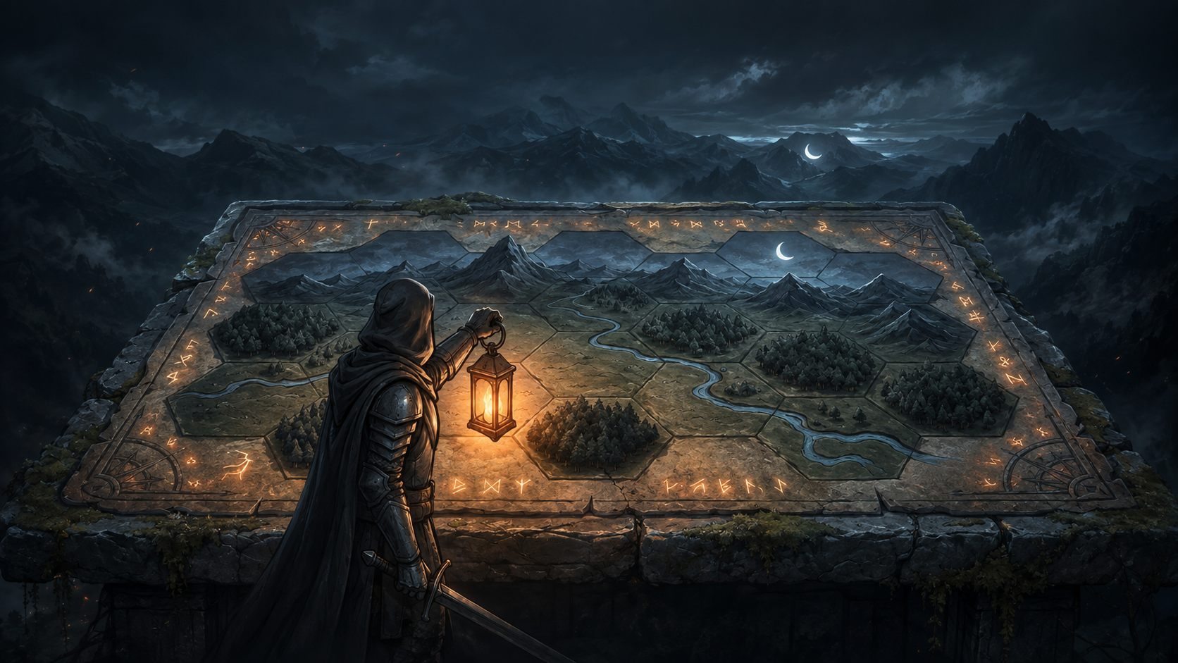 A lantern-bearing explorer surveys a raised hexagonal world map of mountains, rivers, and forests, edged with glowing ember runes.